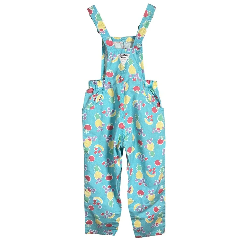 Vintage OshKosh Bgosh Fruit Print Overalls Kids Turquoise Vestbak USA Made Sze 5